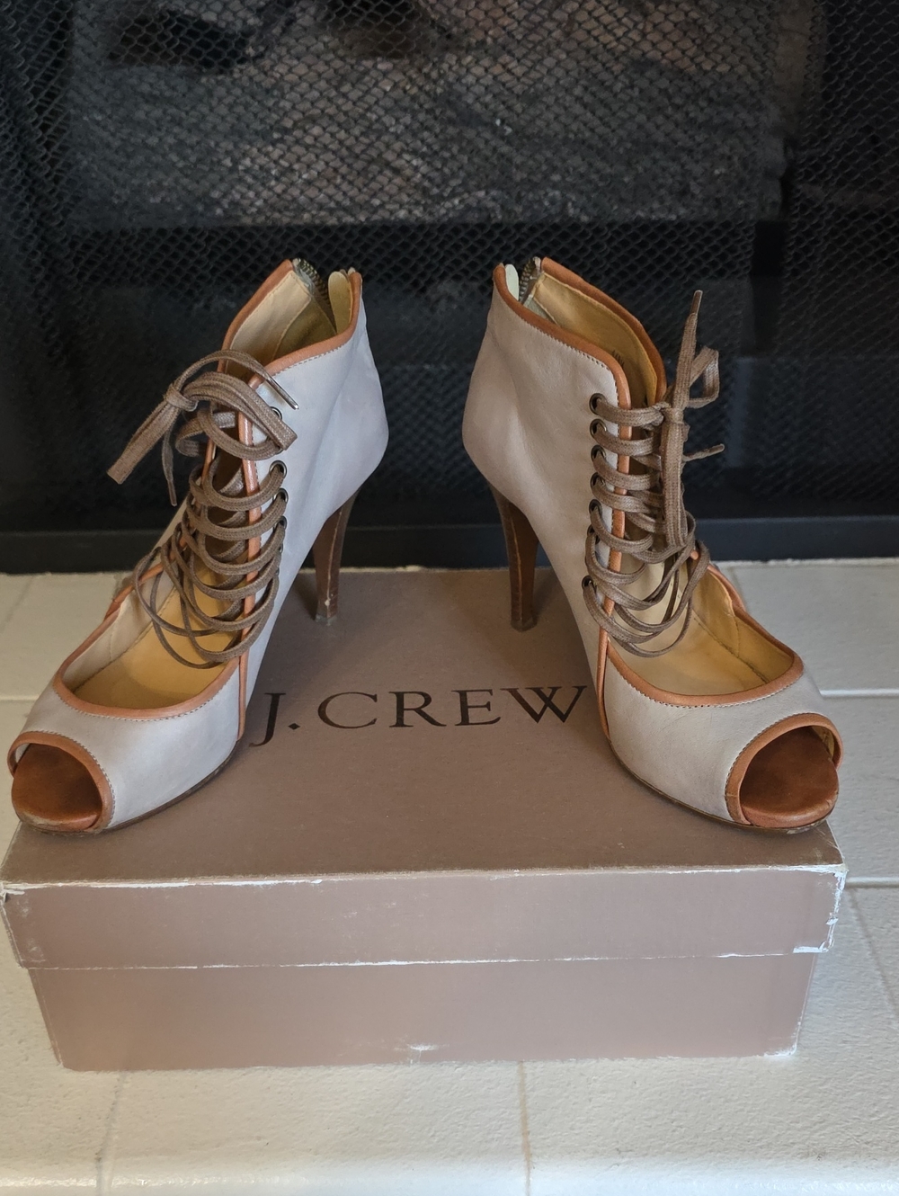 J. Crew Two-Tone Lace-Up Peep-Toe Heels in Beige and Brown